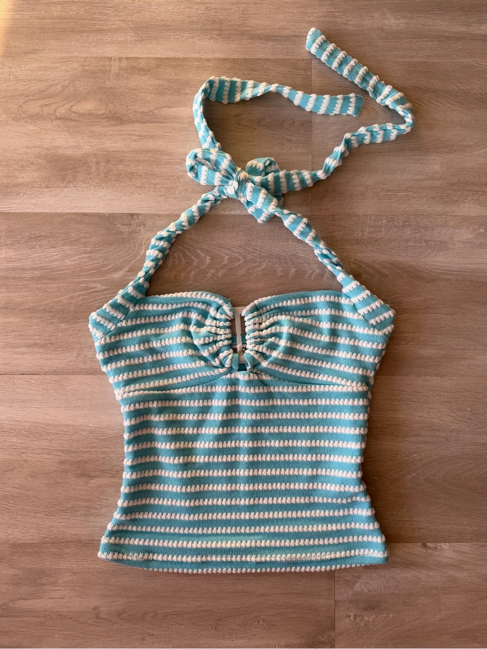 Princess Polly Halter Striped Knit Tank Top - Aqua & White